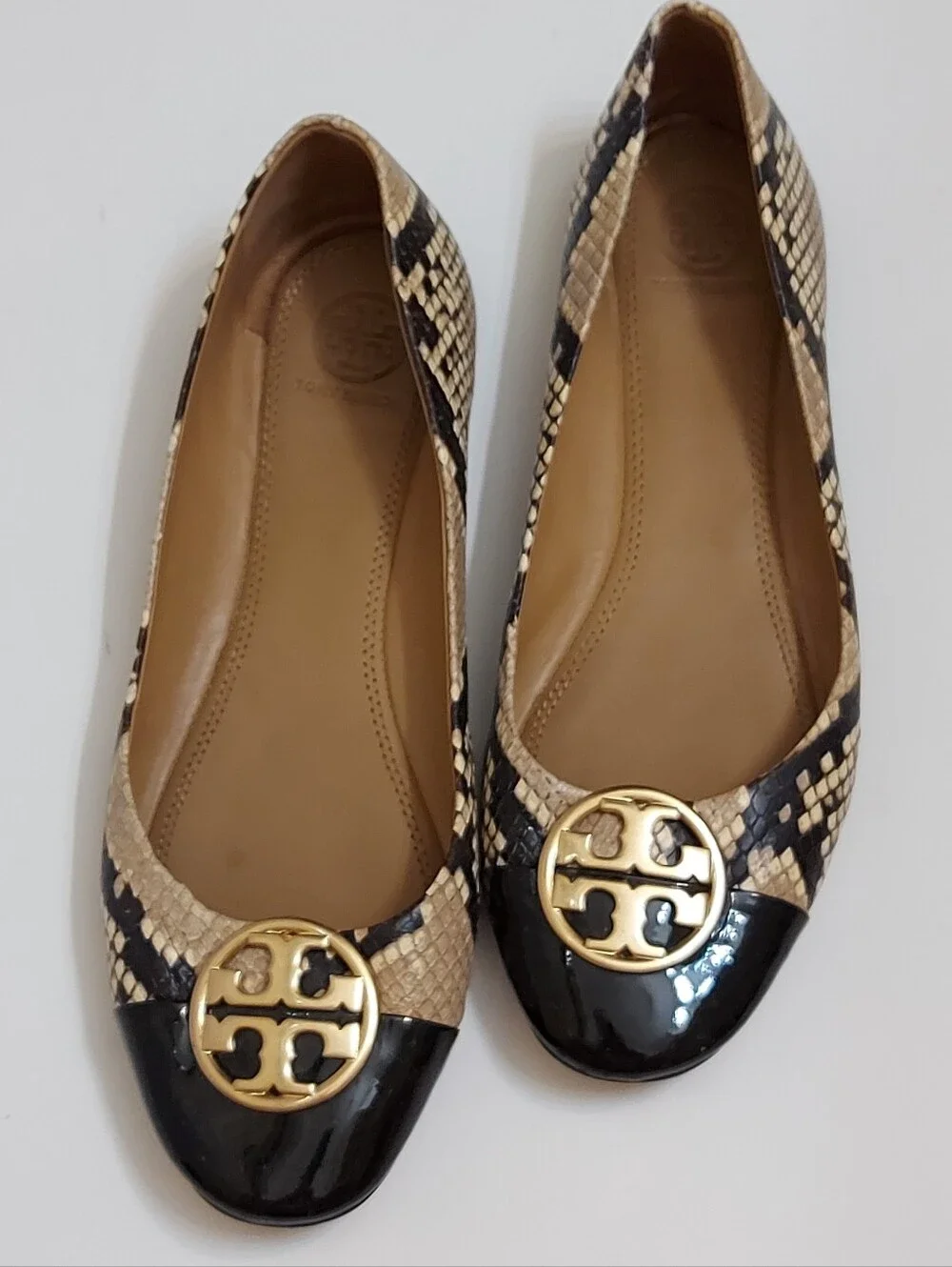 Tory Burch Beige Black Snake-Print Reva Ballet Flat
